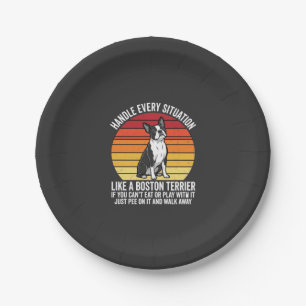 Lustiger Boston Terrier Retro Hund Haltung Pappteller