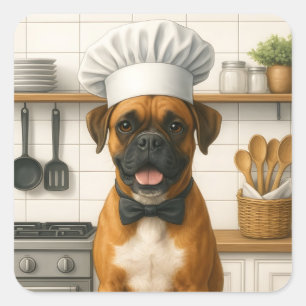 Lustiger Boxer-Kochhund in der Küche für Heimköche Quadratischer Aufkleber