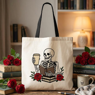 Lustiger Bücherliebhaber-Skelett mit roten Blumen Tragetasche