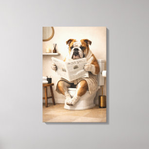 Lustiger Bulldog beim Zeitunglesen Badezimmer Humo Leinwanddruck