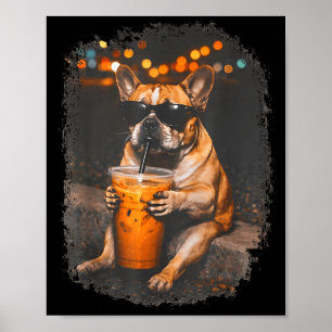 Lustiger Bulldogge, der eisgekühlten Kaffee trinkt Poster
