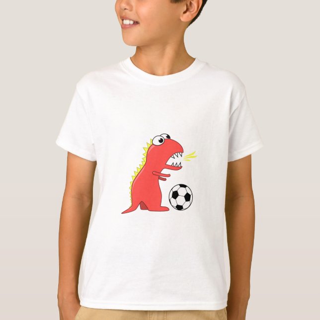Lustiger Cartoon-Dinosaurier, der Fußball-Kinder T-Shirt (Vorderseite)