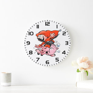 Lustiger Cartoon-Gnom auf einem fliegenden Schwein Große Wanduhr