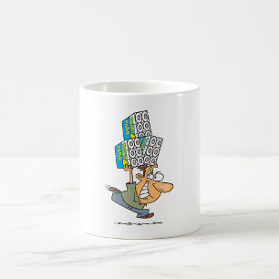 Lustiger Cartoon-Mann beim Panikkauf von Toiletten Kaffeetasse