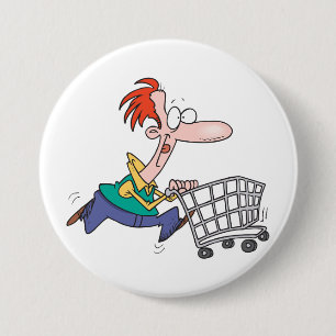 Lustiger Cartoon-Mann läuft mit Einkaufswagen Button