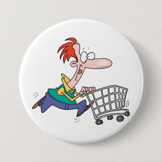 Lustiger Cartoon-Mann läuft mit Einkaufswagen Button (Vorderseite)