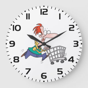 Lustiger Cartoon-Mann läuft mit Einkaufswagen Große Wanduhr