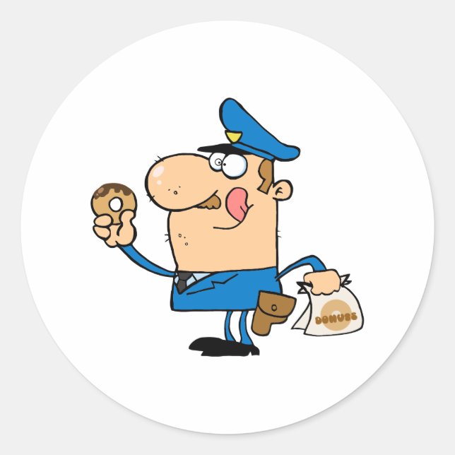 lustiger Cartoon Polizist isst Donuts Runder Aufkleber (Vorderseite)