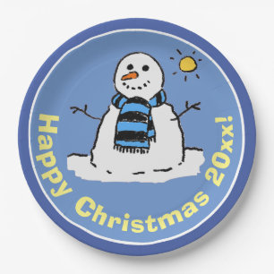 Lustiger Cartoon-Schneemann im Weihnachtsdesign. Pappteller