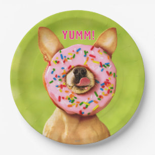 Lustiger Chihuahua-Hund mit besprühen Krapfen auf Pappteller