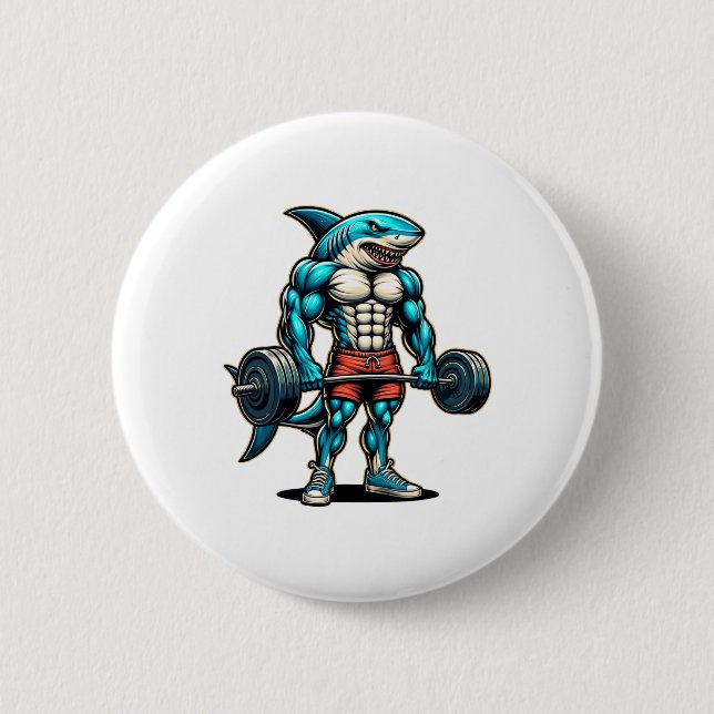 Lustiger Cooler Hai Gewichtheben Bodybuilder Muske Button (Vorderseite)