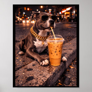 Lustiger cooler Pitbull-Hund, der Eiskaffee trinkt Poster