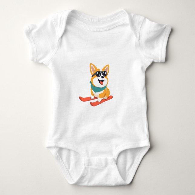 Lustiger Corgi auf Skiern Baby Strampler (Vorderseite)