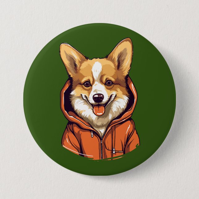 Lustiger Corgi mit Hoodie Button (Vorderseite)