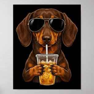 Lustiger Dachshund trinkt Eiskaffee süßer Hund Mem Poster