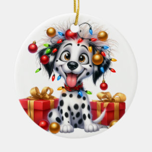 LUSTIGER DALMATINERHUND MIT LICHTERN UND GESCHENKE KERAMIK ORNAMENT