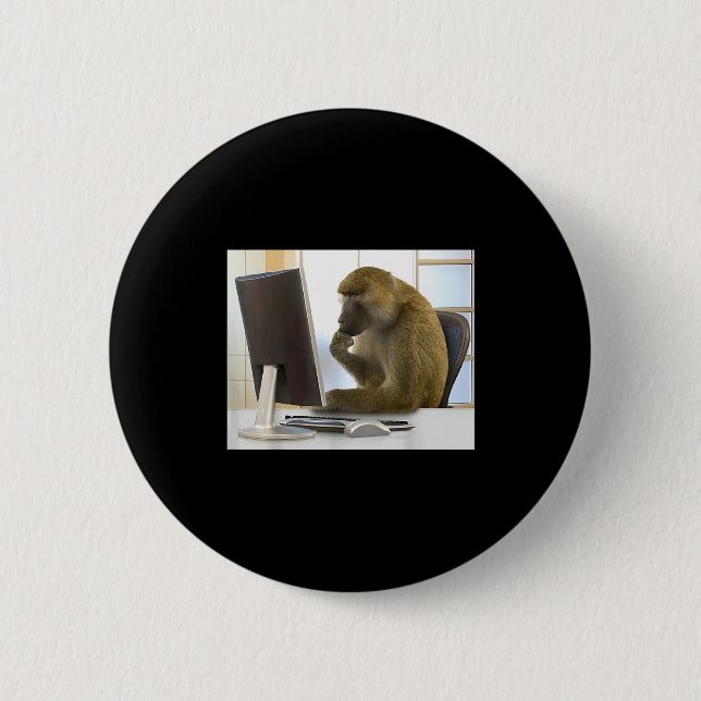 Lustiger denkender Affe Meme Büro Neugieriger Affe Button (Vorderseite)