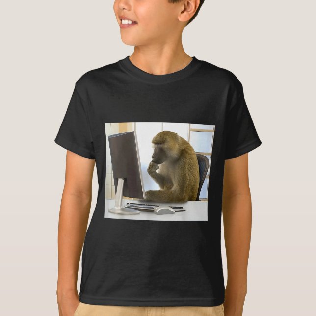 Lustiger denkender Affe Meme Büro Neugieriger Affe T-Shirt (Vorderseite)