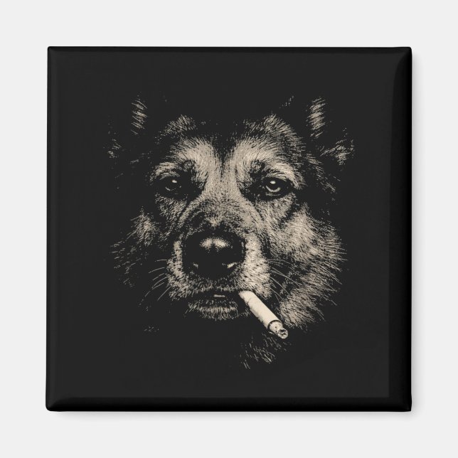 Lustiger Deutscher Schäferhund raucht Zigarette Magnet (Vorne)