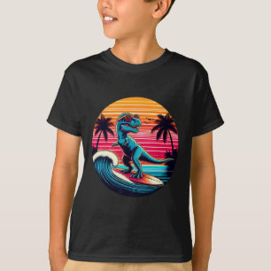 Lustiger Dinosaurier surft Retro-Sonnenuntergang M T-Shirt
