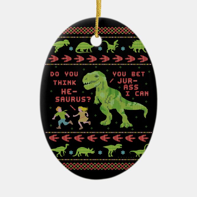 Lustiger Dinosaurier-Wortspiel-Spaß-Imitat-Strick Keramik Ornament (Vorne)
