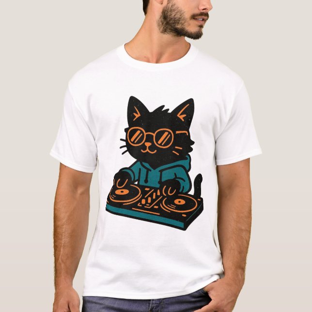 Lustiger DJ Black Cat T-Shirt (Vorderseite)