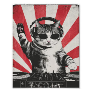 Lustiger DJ-Katze Disco-Sound-Tech-Kopfhörer-Musik Fotodruck