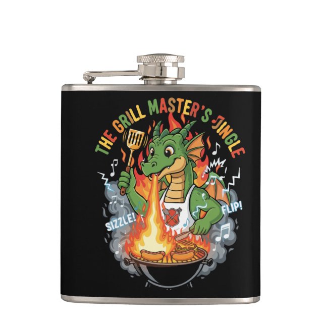 Lustiger Drache Grillmeister BBQ & Grillen Cartoon Flachmann (Vorderseite)