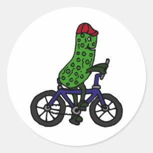 Lustiger Essiggurken-Reitfahrrad-Cartoon Runder Aufkleber