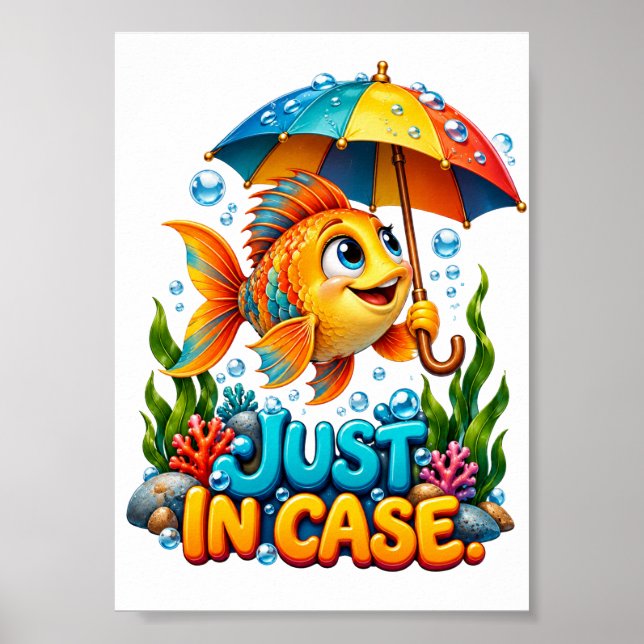 Lustiger Fisch Mit Regenschirm Poster (Vorne)