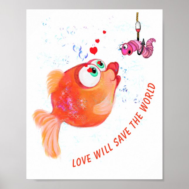 Lustiger Fisch und Wurm Liebesposter Romantisch Poster (Vorne)