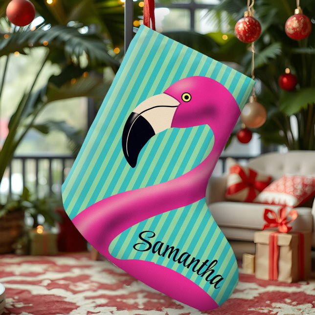 Lustiger Flamingo Hot Pink Aqua Streifen Modern Tr Großer Weihnachtsstrumpf (Vibrant personalized flamingo stocking with hot pink and aqua stripes for a tropical holiday.)