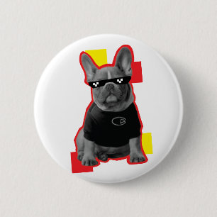 Lustiger Französischer Bulldogge mit Pixel-Sonnenb Button