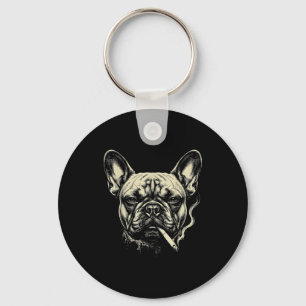 Lustiger französischer Bulldogge raucht Zigaretten Schlüsselanhänger