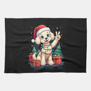 Lustiger Friedenshand-Pudel-Weihnachtsbeleuchtung  Geschirrtuch