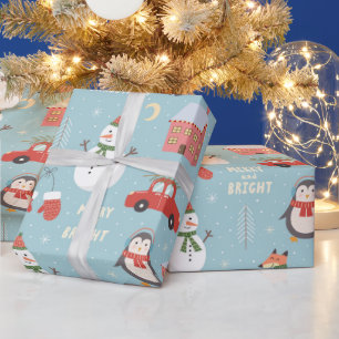 Lustiger Fuchs Schneemann Pinguin und Auto Weihnac Geschenkpapier