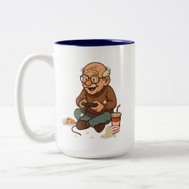 Lustiger Gamer-Opa-Pizza- und Popcorn-Cartoon Zweifarbige Tasse