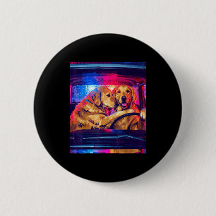 Lustiger Golden Retriever-Hund fährt Auto Retro-Po Button