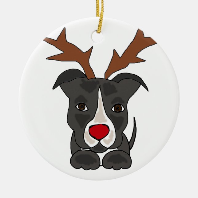 Lustiger grauer Pitbull Hund als Weihnachtsren Keramik Ornament (Vorne)