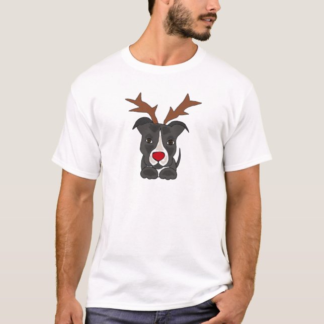 Lustiger grauer Pitbull Hund als Weihnachtsren T-Shirt (Vorderseite)