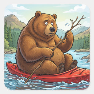 Lustiger Grizzlybär in einem Kajak-Cartoon Quadratischer Aufkleber