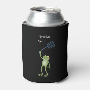 Lustiger grüner Frosch, der eine Fliege mit einer  Dosenkühler