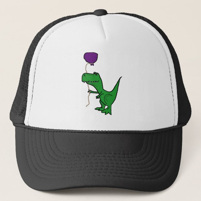 Lustiger grüner Trex Dinosaurier, der Ballon hält Truckerkappe (Vorderseite)