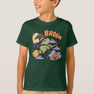 Lustiger Halloween-Frosch-Hexenbesen-Kürbis-Fleder T-Shirt