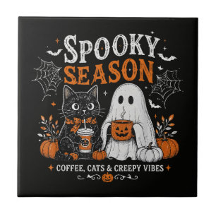 Lustiger Halloween-Schwarzer-Kater-und-Geist-Kaffe Fliese