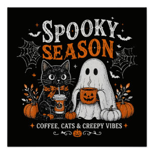 Lustiger Halloween-Schwarzer-Kater-und-Geist-Kaffe Poster