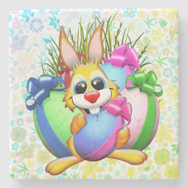 Lustiger Hase beißt ein Osterei Steinuntersetzer (Vorderseite)