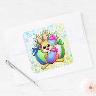 Lustiger Hase beißt in ein Osterei Quadratischer Aufkleber