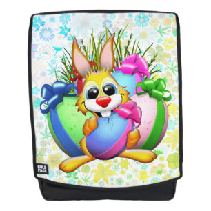 Lustiger Hase beißt in ein Osterei Rucksack
