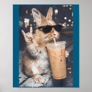 Lustiger Hase, der eisgekühlten Kaffee trinkt, lus Poster